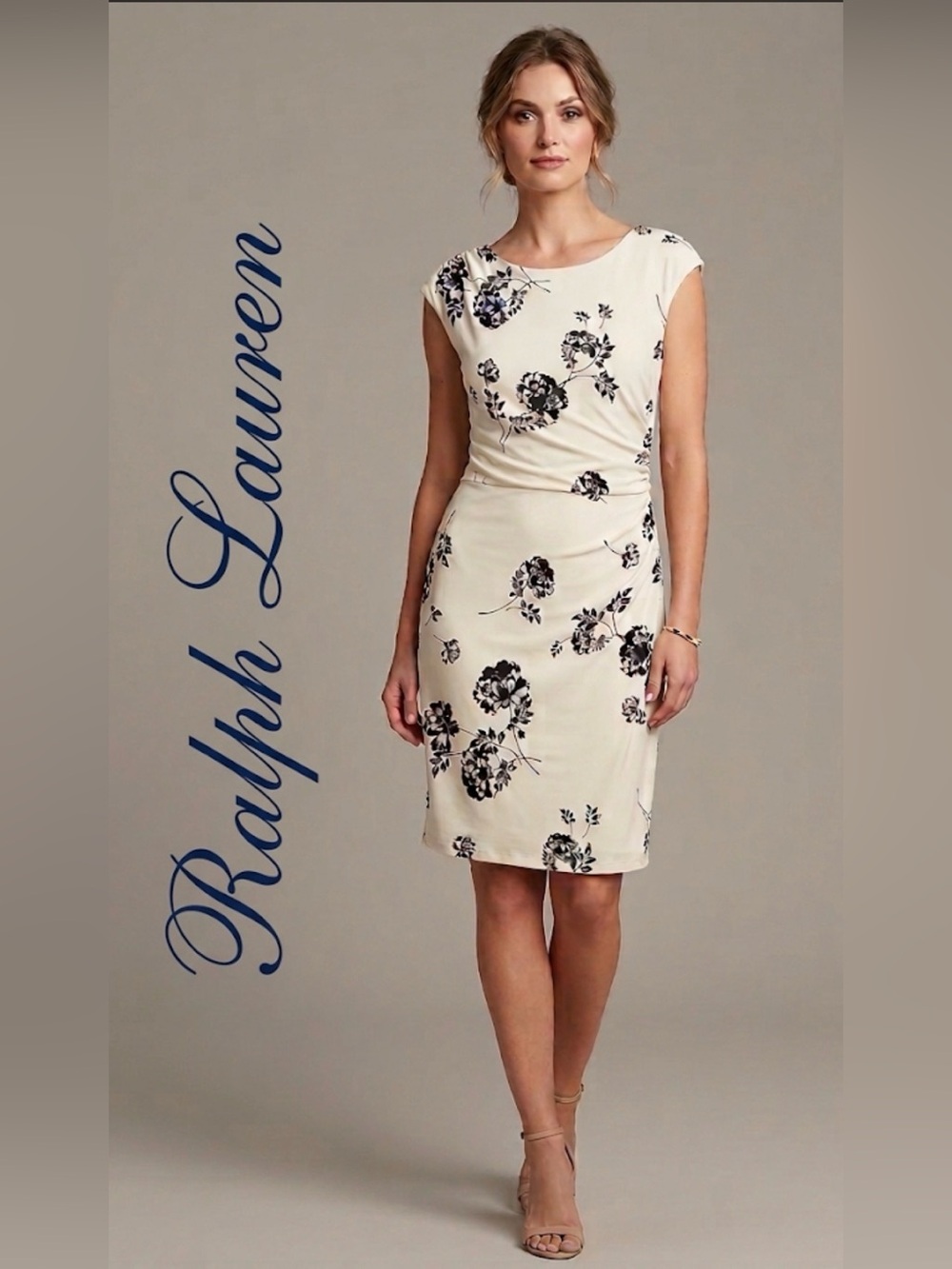 Lauren Ralph Lauren Floral Ruched Sheath Dress Size 12 Cream Black Stretch